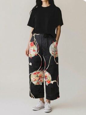 Citron Santa Monica Asian Floral Fan Jacquard 100% Silk Pants - Size Medium